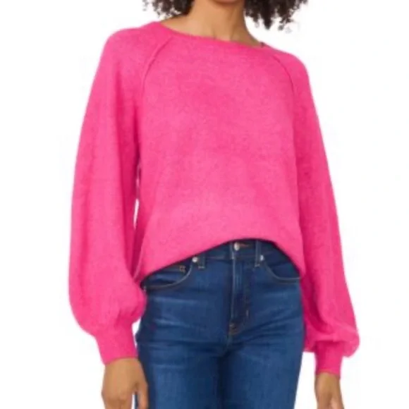 Vince Camuto Vibrant Tangerine Orange Crew Neck Sweater with Raglan Puff Sleeves - Picture 6 of 10